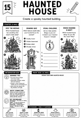 Drawing Challenge: Haunted House | KS3 Art Cover Lesson Worksheet