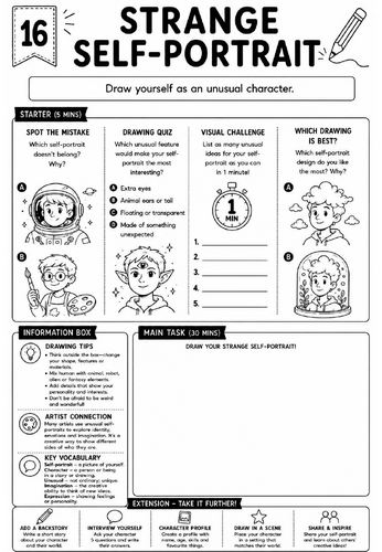 Drawing Challenge: Strange Self-Portrait | KS3 Art Cover Lesson Worksheet