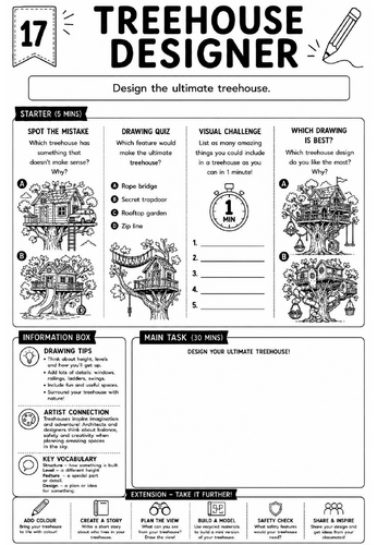 Drawing Challenge: Treehouse Designer | KS3 Art Cover Lesson Worksheet