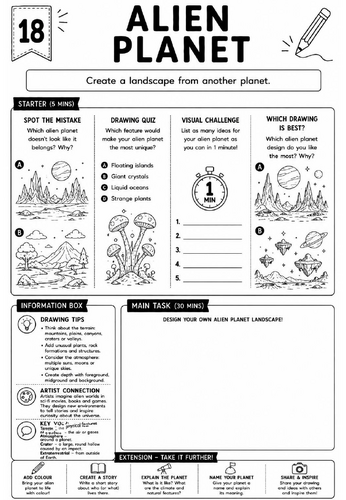 Drawing Challenge: Alien Planet | KS3 Art Cover Lesson Worksheet