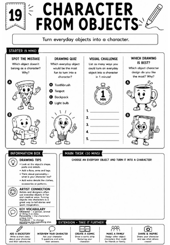 Drawing Challenge: Character From Objects | KS3 Art Cover Lesson Worksheet