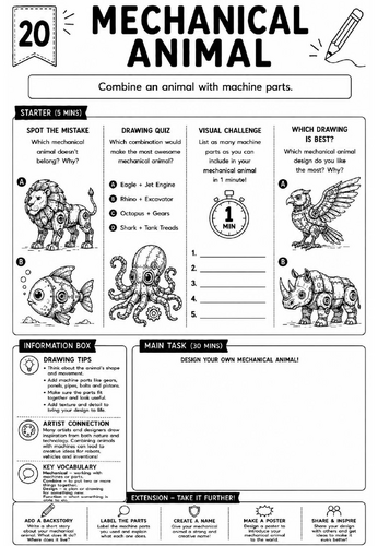 Drawing Challenge: Mechanical Animal | KS3 Art Cover Lesson Worksheet