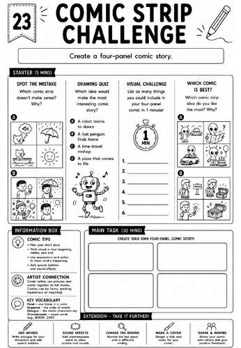 Drawing Challenge: Comic Strip Challenge | KS3 Art Cover Lesson Worksheet