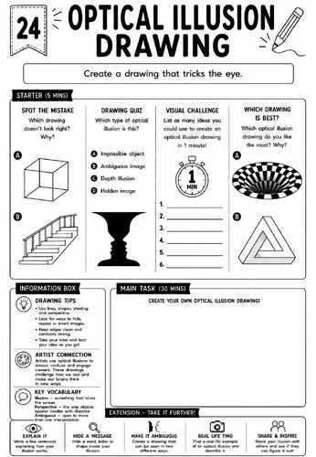 Drawing Challenge: Optical Illusion Drawing | KS3 Art Cover Lesson Worksheet