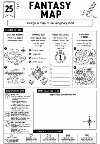 Drawing Challenge: Fantasy Map | KS3 Art Cover Lesson Worksheet