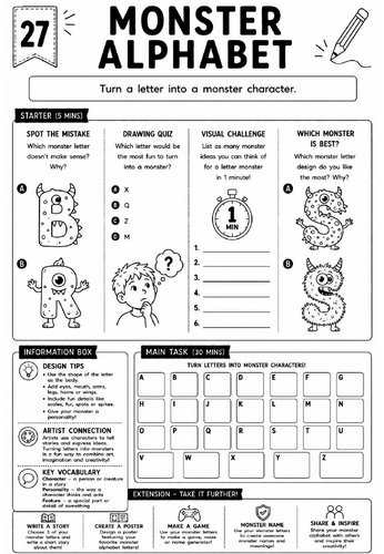 Drawing Challenge: Monster Alphabet | KS3 Art Cover Lesson Worksheet