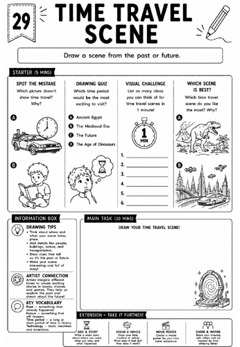 Drawing Challenge: Time Travel Scene | KS3 Art Cover Lesson Worksheet