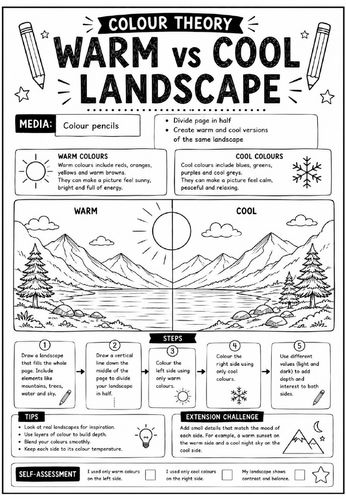 Colour Theory Worksheet – Warm vs Cool Landscape Drawing Activity | Colour Pencil Art Lesson
