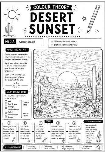 Colour Theory Worksheet – Desert Sunset | Warm Colours & Colour Blending Art Activity