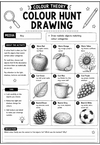 Colour Theory Worksheet – Colour Hunt Drawing Activity | Colour Families Observation Art Lesson