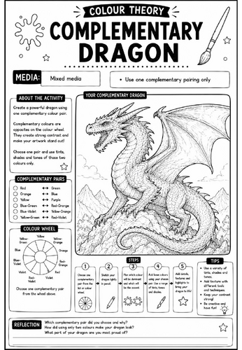 Colour Theory Worksheet – Complementary Dragon | Complementary Colours Mixed Media Art Activity