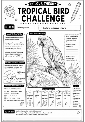 Colour Theory Worksheet – Tropical Bird Challenge | Analogous Colours Colour Pencil Art Activity