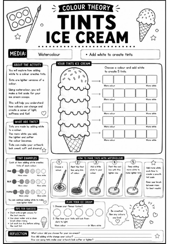 Colour Theory Worksheet – Tints Ice Cream | Watercolour Tints & Colour Mixing Art Activity