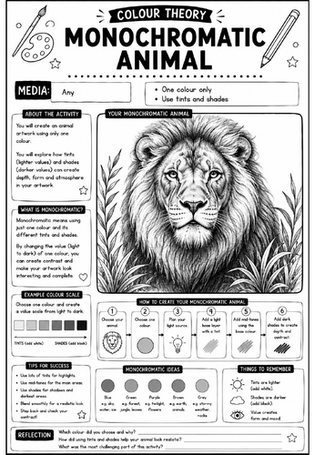 Colour Theory Worksheet – Monochromatic Animal | Tints, Shades & Monochromatic Colour Scheme Art Act