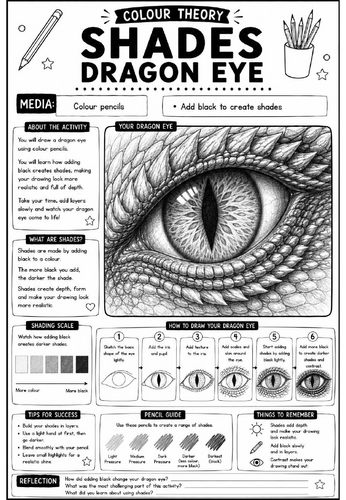 Colour Theory Worksheet – Shades Dragon Eye | Shading, Depth & Colour Pencil Art Activity