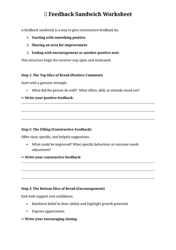Feedback Sandwich Worksheet