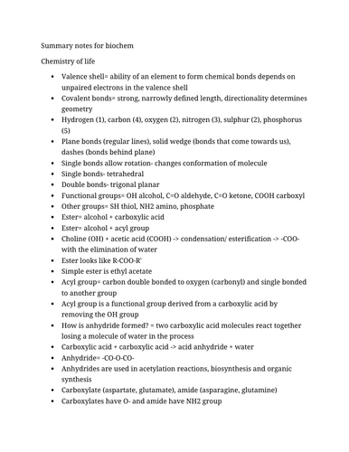 Summary notes for biochem