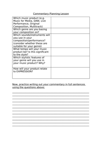 BTEC Tech Award in Music Practice - Component 1 Commentary Planning Activity