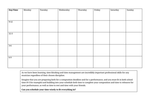 BTEC Tech Award in Music Practice - Component 2 Time Management Activity