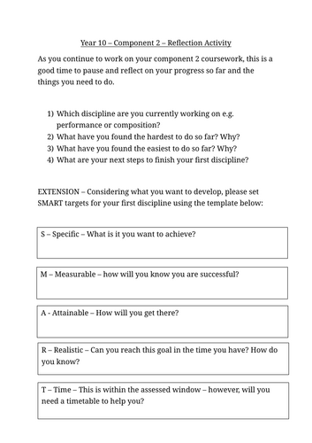 BTEC Tech Award in Music Practice - Component 2 - SMART Targets Worksheet