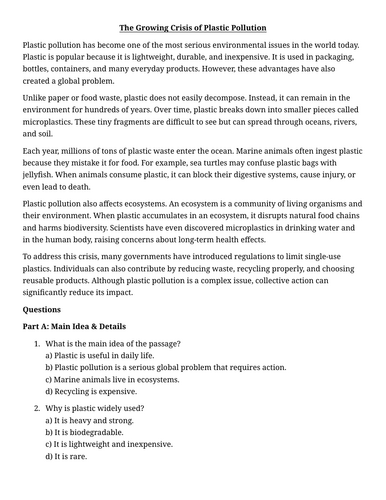 The Growing Crisis of Plastic Pollution | KS3 Geography Reading & Comprehension