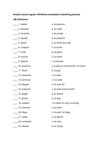 Present tense regular infinitives translation matching practice