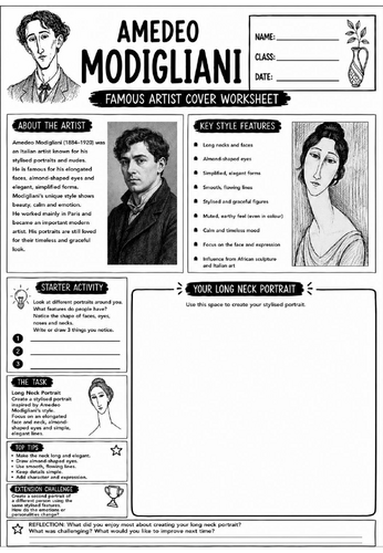 Amedeo Modigliani Famous Artist Cover Worksheet | Art Cover Lesson | KS3 Art