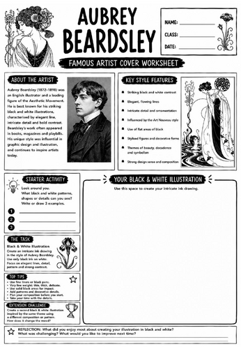 Aubrey Beardsley Famous Artist Cover Worksheet | KS3 Art Cover Lesson