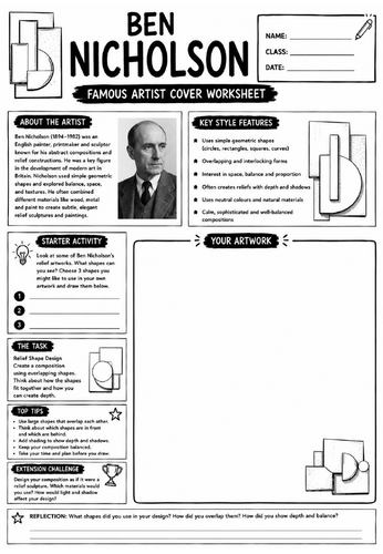Ben Nicholson Famous Artist Cover Worksheet | KS3 Art Cover Lesson