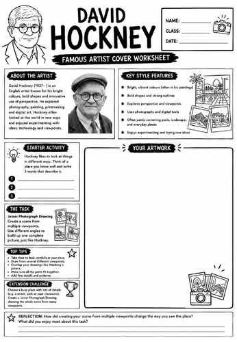 David Hockney Famous Artist Cover Worksheet | KS3 Art Cover Lesson