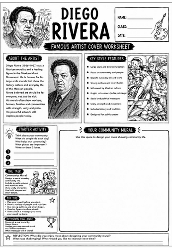 Diego Rivera Famous Artist Cover Worksheet | KS3 Art Cover Lesson