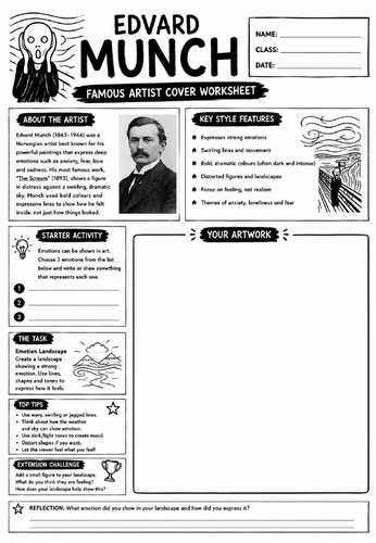 Edvard Munch Famous Artist Cover Worksheet | KS3 Art Cover Lesson