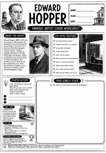 Edward Hopper Famous Artist Cover Worksheet | KS3 Art Cover Lesson