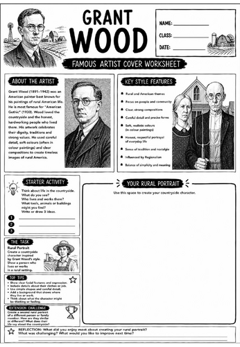 Grant Wood Famous Artist Cover Worksheet | KS3 Art Cover Lesson