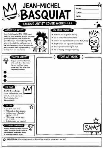 Jean-Michel Basquiat Famous Artist Cover Worksheet | KS3 Art Cover Lesson