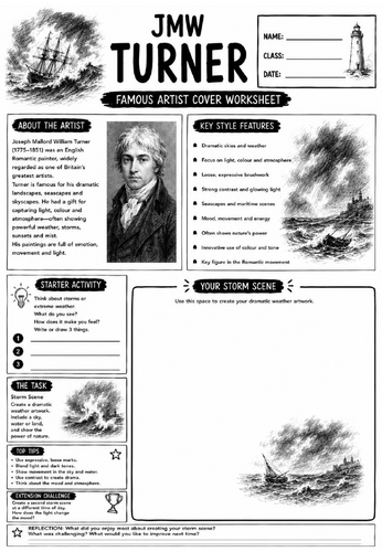JMW Turner Famous Artist Cover Worksheet | KS3 Art Cover Lesson