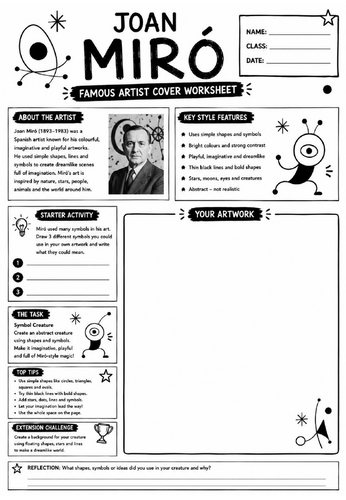 Joan Miró Famous Artist Cover Worksheet | KS3 Art Cover Lesson