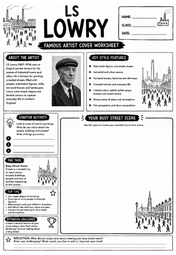 LS Lowry Famous Artist Cover Worksheet | KS3 Art Cover Lesson