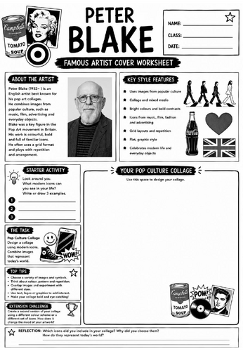 Peter Blake Famous Artist Cover Worksheet | KS3 Art Cover Lesson