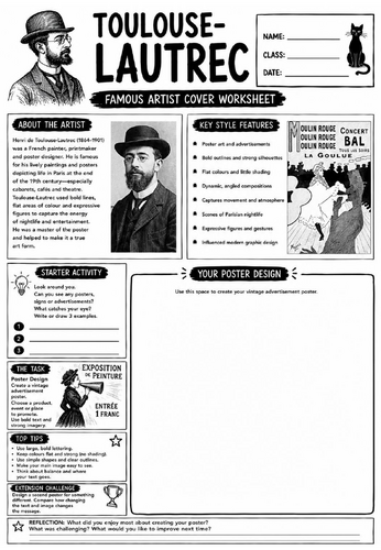 Toulouse-Lautrec Famous Artist Cover Worksheet | KS3 Art Cover Lesson