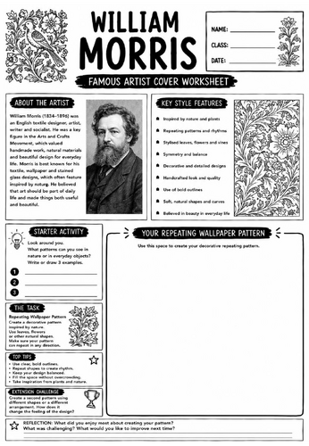 William Morris Famous Artist Cover Worksheet | KS3 Art Cover Lesson