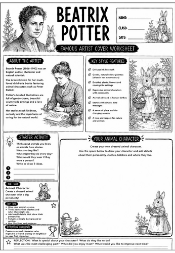 Beatrix Potter Famous Artist Cover Worksheet | KS3 Art Cover Lesson