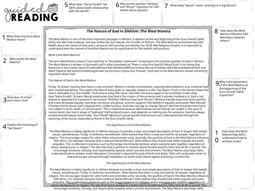 GCSE Sikhism Nature of God and Mool Mantra Guided Reading