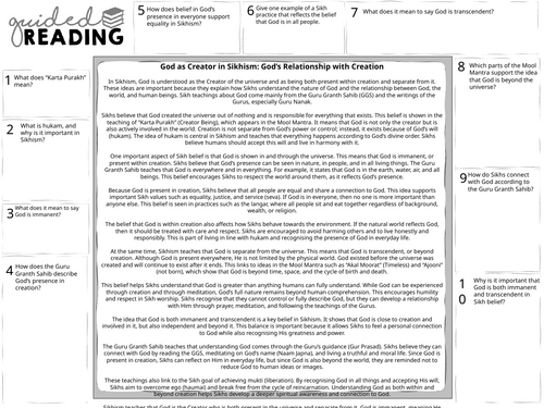 GCSE Sikhism God as creator Guided reading