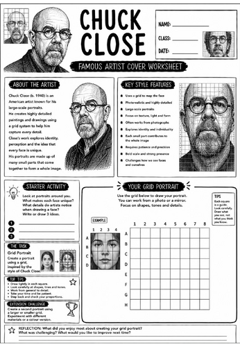 Chuck Close Famous Artist Cover Worksheet | KS3 Art Cover Lesson
