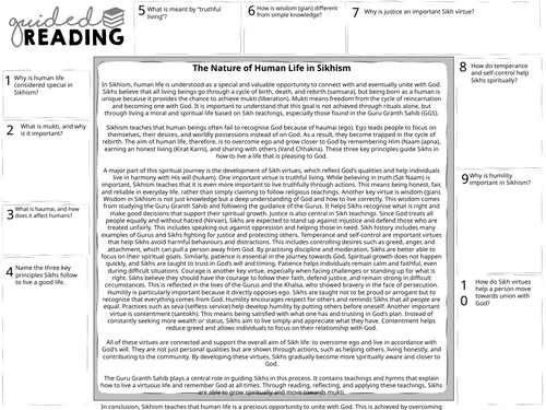 GCSE Sikhism The nature of life Guided Reading