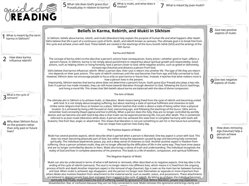 GCSE Sikhism Karma, rebirth and mukti Guided reading