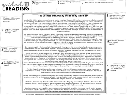 GCSE Sikhism The oneness of Humanity and Equality Guided Reading