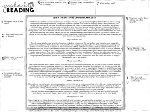 GCSE Sikhism Seva and serving others Tan Man Dhan Guided Reading