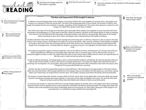 GCSE Sikhism The role and importance of the Sangat Guided Reading